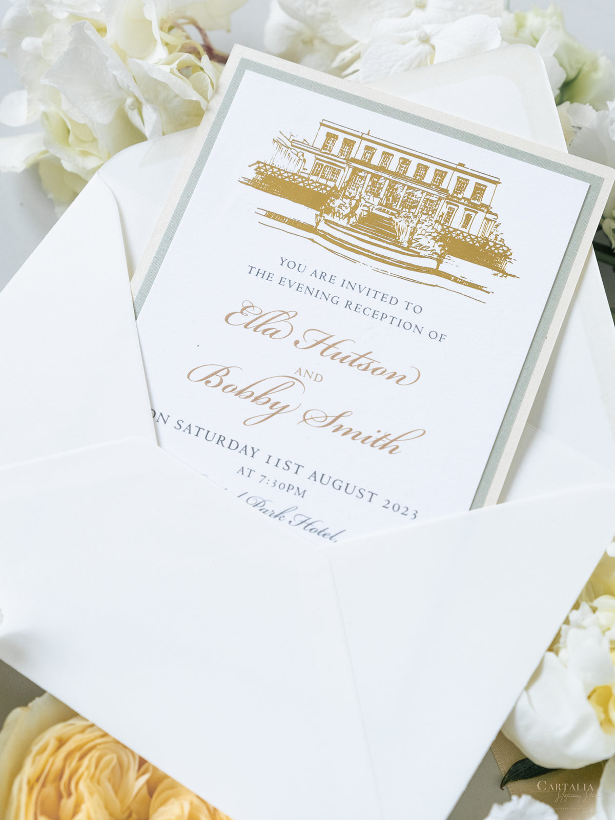 Illustrazione della sede del matrimonio personalizzata | Invito sventato per la sede in lamina d'oro da 800 g/m²