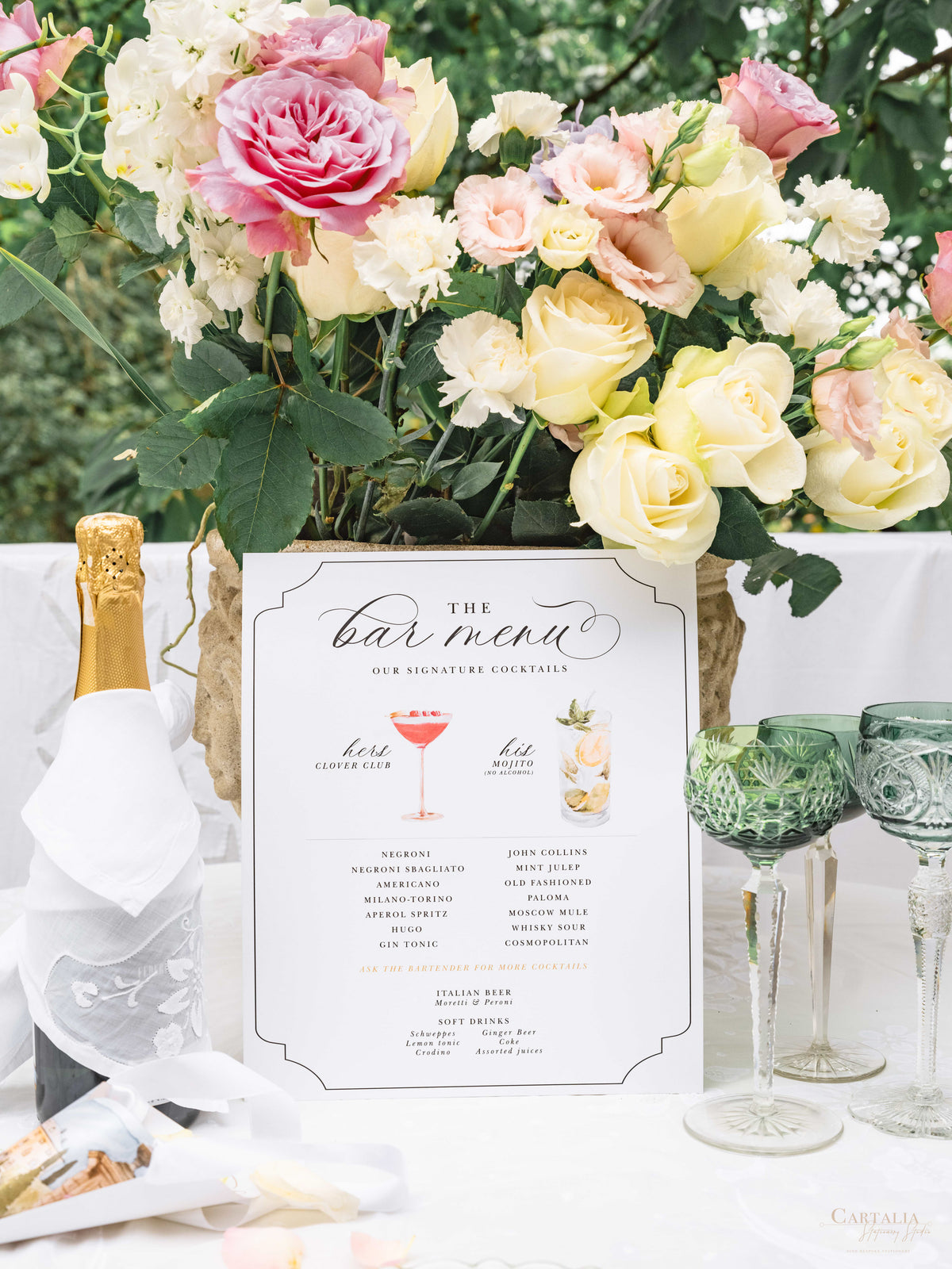 Bespoke Bar Menu with Gold Monogram | Lake Como Wedding Villa Balbiano