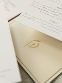 Moroccan Trifold Wedding Invitation in Burgundy & Champagne | Palais Faraj | Bespoke Commission M&R