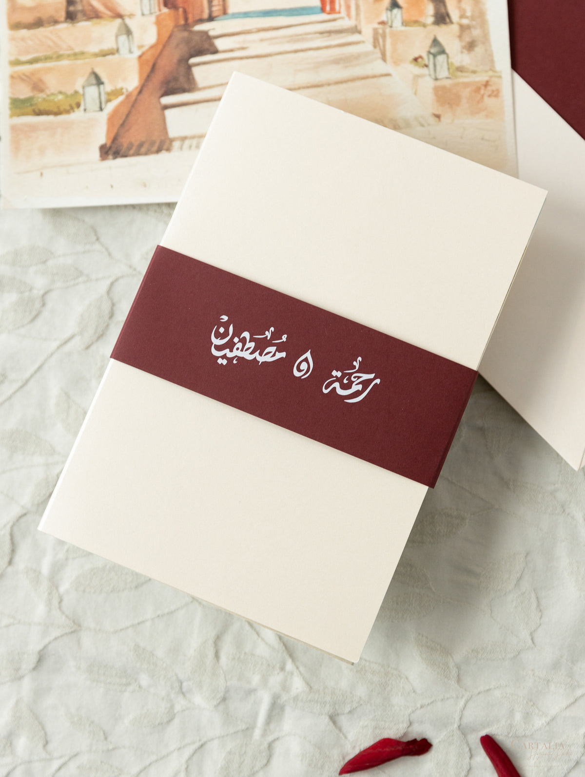 Moroccan Trifold Wedding Invitation in Burgundy & Champagne | Palais Faraj | Bespoke Commission M&R