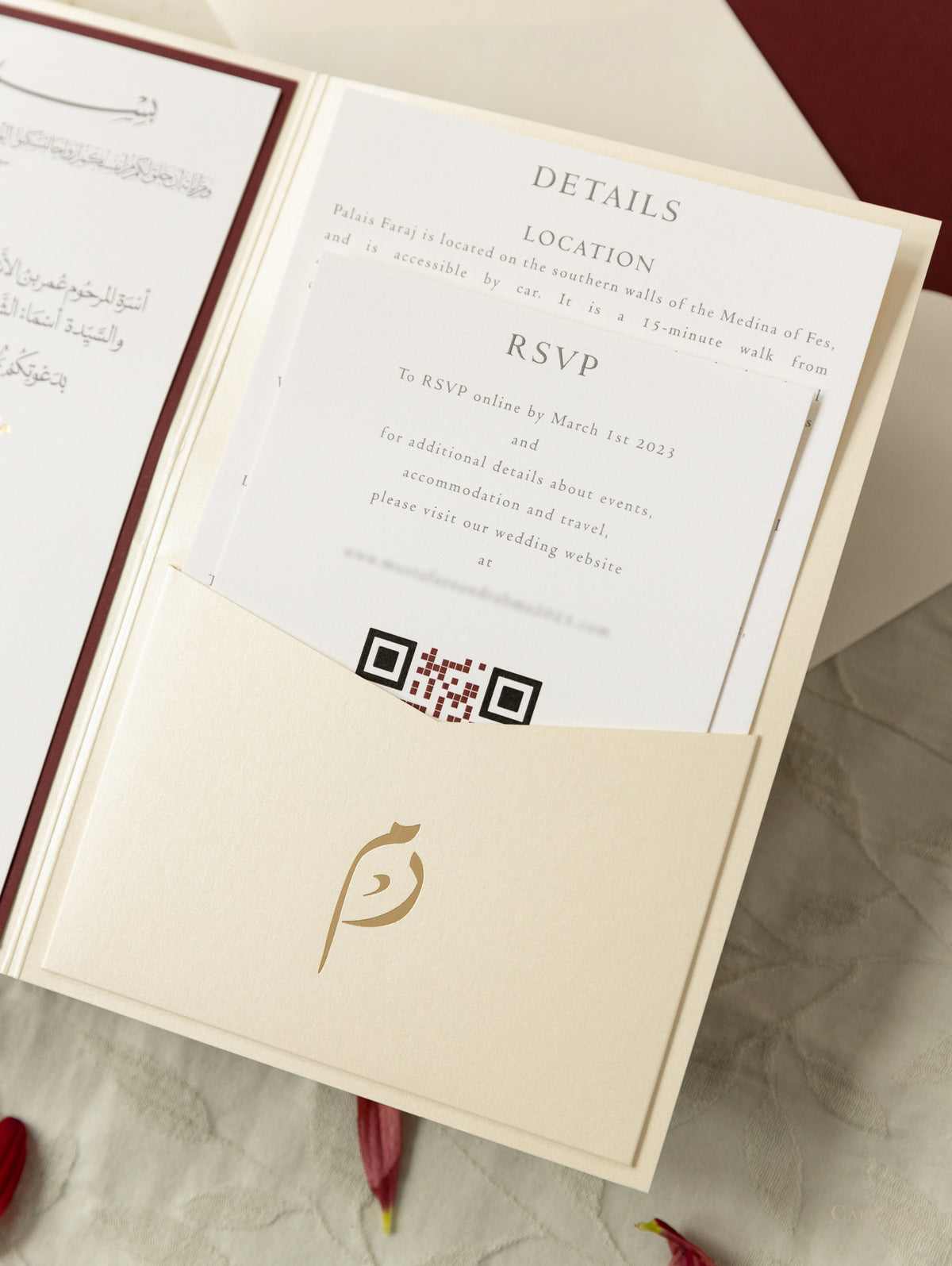 Moroccan Trifold Wedding Invitation in Burgundy & Champagne | Palais Faraj | Bespoke Commission M&R