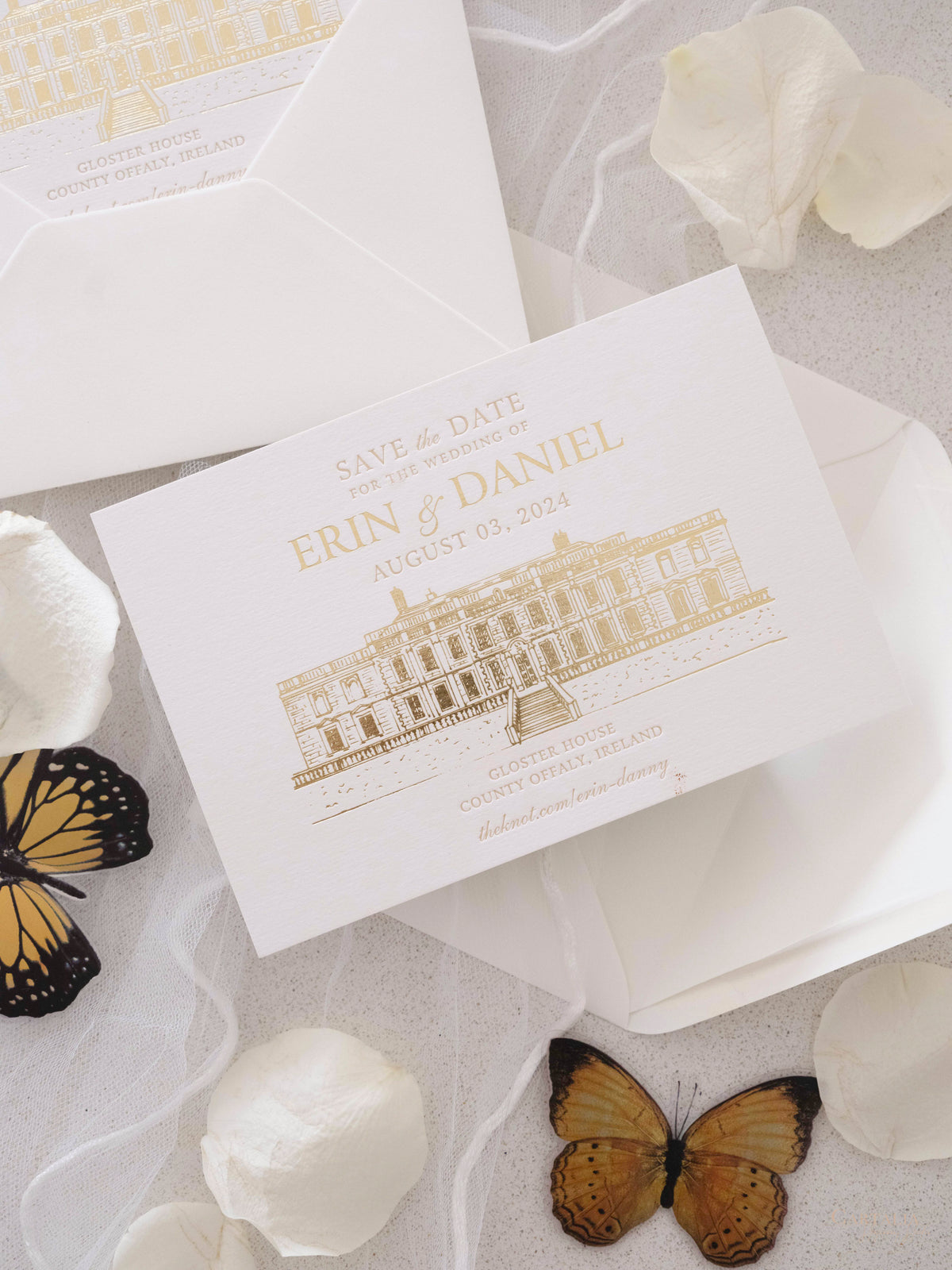 Letterpress Save The Date with Gold Foil Venue Sketch | GLOSTER HOUSE