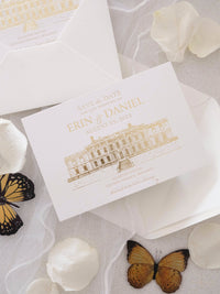 Letterpress Save The Date with Gold Foil Venue Sketch | GLOSTER HOUSE