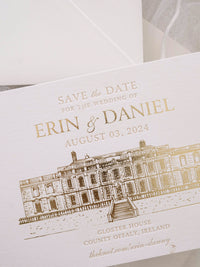 Letterpress Save The Date with Gold Foil Venue Sketch | GLOSTER HOUSE