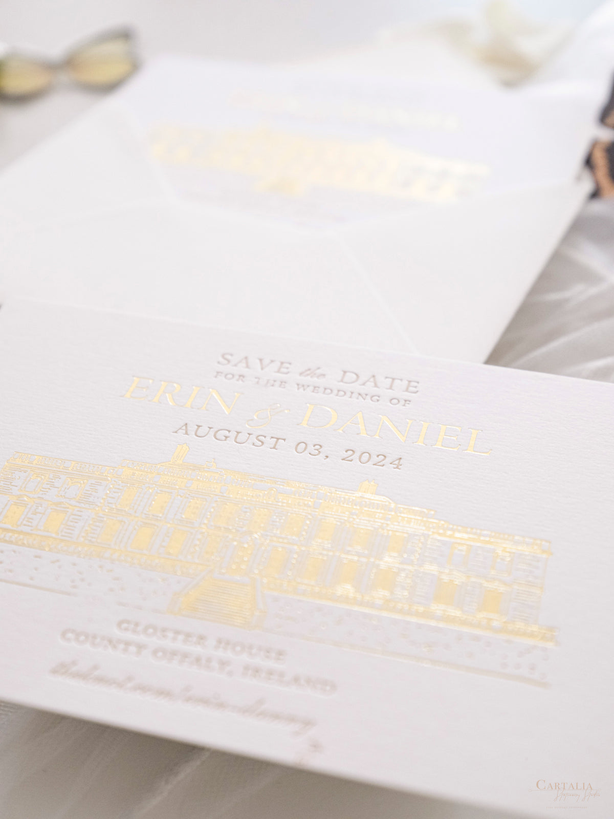 Letterpress Save The Date with Gold Foil Venue Sketch | GLOSTER HOUSE