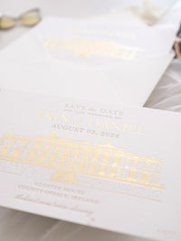 Letterpress Save The Date with Gold Foil Venue Sketch | GLOSTER HOUSE
