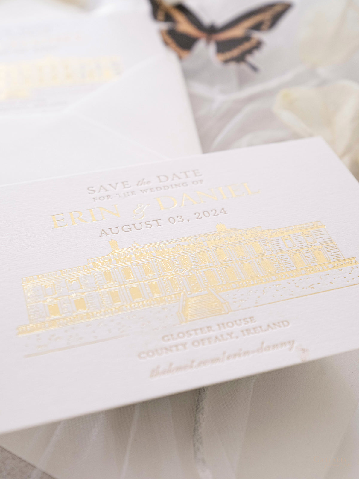 Letterpress Save The Date with Gold Foil Venue Sketch | GLOSTER HOUSE