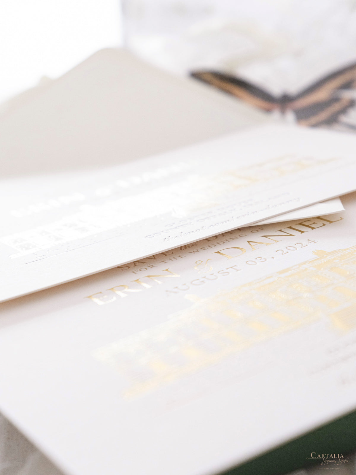 Letterpress Save The Date with Gold Foil Venue Sketch | GLOSTER HOUSE