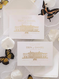 Letterpress Save The Date with Gold Foil Venue Sketch | GLOSTER HOUSE