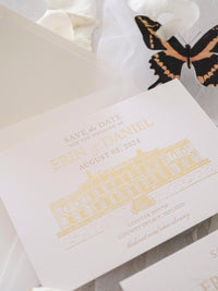 Letterpress Save The Date with Gold Foil Venue Sketch | GLOSTER HOUSE