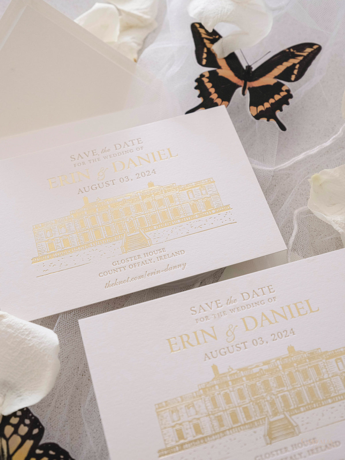Letterpress Save The Date with Gold Foil Venue Sketch | GLOSTER HOUSE