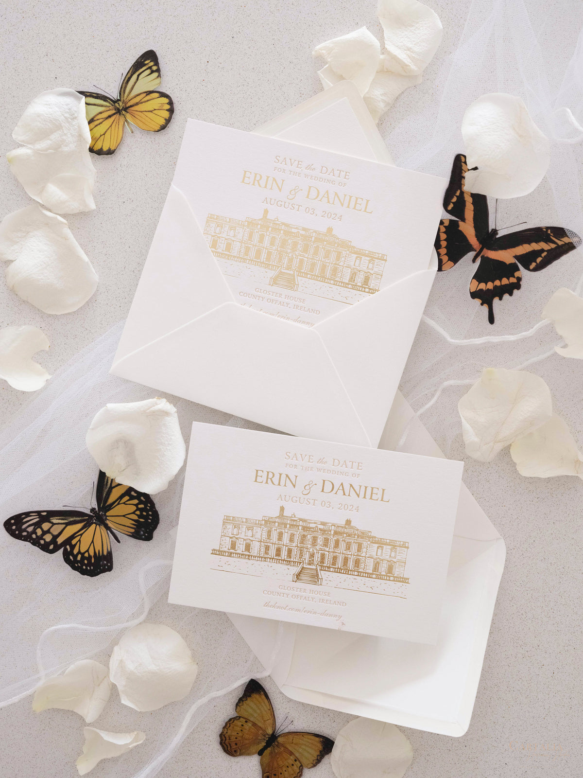 Letterpress Save The Date with Gold Foil Venue Sketch | GLOSTER HOUSE