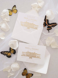 Letterpress Save The Date with Gold Foil Venue Sketch | GLOSTER HOUSE