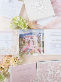 Invito con scatola 3D Couture su misura con cancello tagliato al laser | Sede di Villa Ephrussi | Commissione su misura M&J