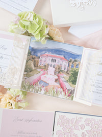 Invito con scatola 3D Couture su misura con cancello tagliato al laser | Sede di Villa Ephrussi | Commissione su misura M&J