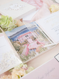 Invito con scatola 3D Couture su misura con cancello tagliato al laser | Sede di Villa Ephrussi | Commissione su misura M&J