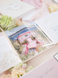 Invito con scatola 3D Couture su misura con cancello tagliato al laser | Sede di Villa Ephrussi | Commissione su misura M&J