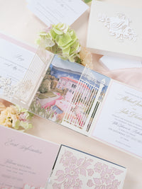 Invito con scatola 3D Couture su misura con cancello tagliato al laser | Sede di Villa Ephrussi | Commissione su misura M&J