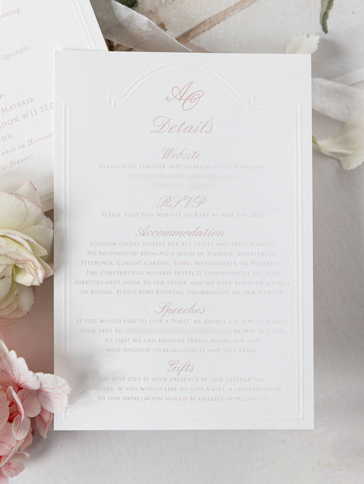 Vellum Wrap Pocket Invitation Suite with Embossing & Custom Wax Seal | Venue Dartmouth House | Bespoke Commission A&O