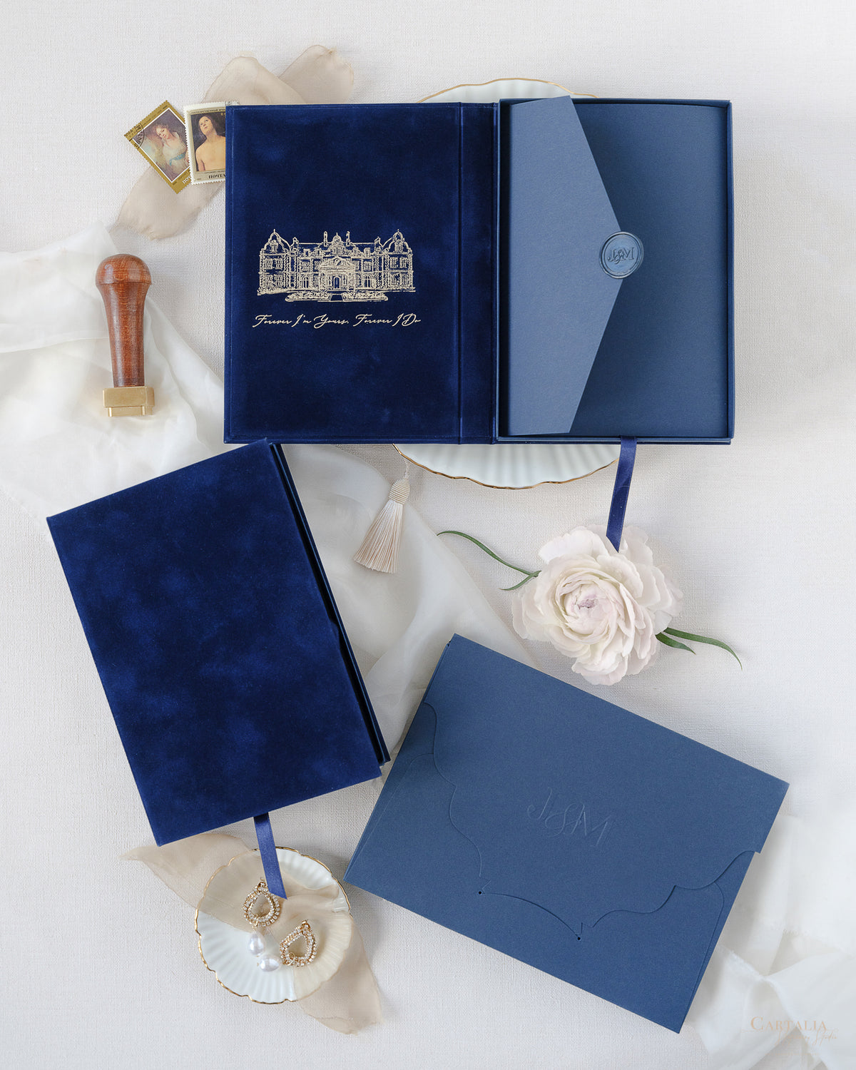 Luxury Velvet Hard Back Book & Box Pocket Invitation with Gold Foil Venue | Bespoke Commission J&M