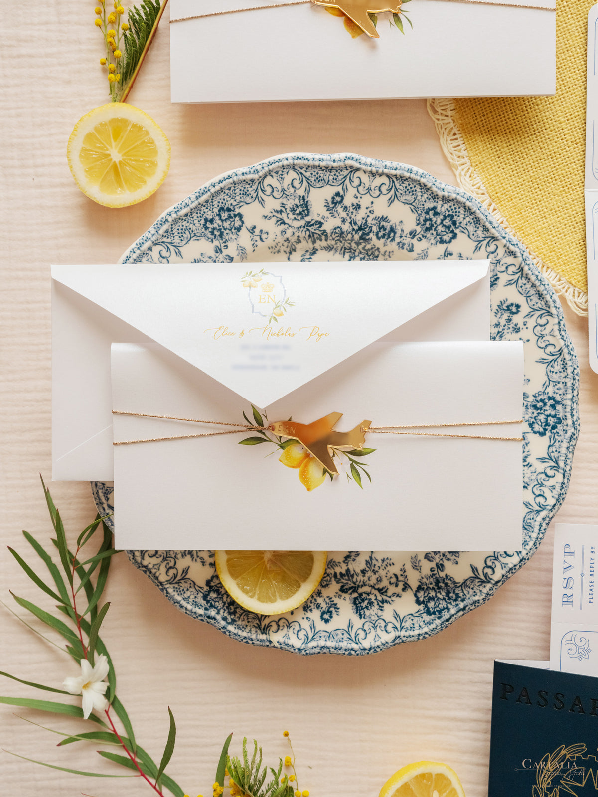 Italian Navy Leather Passport Invitation with Lemons | Amalfi Coast