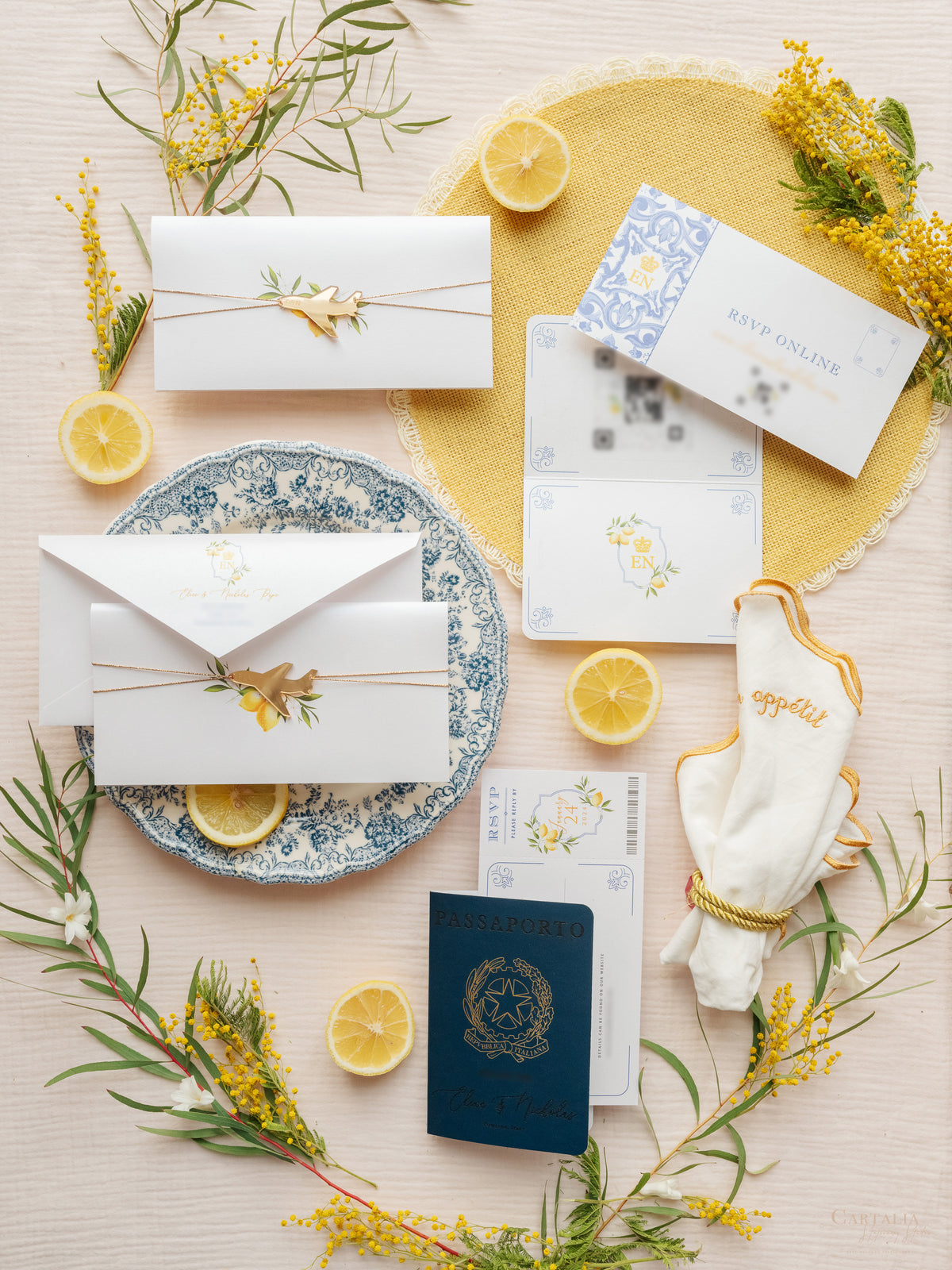 Italian Navy Leather Passport Invitation with Lemons | Amalfi Coast