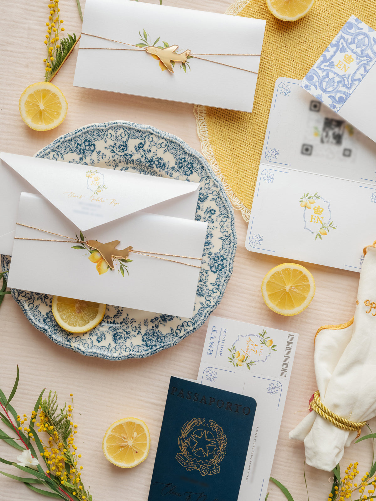 Italian Navy Leather Passport Invitation with Lemons | Amalfi Coast