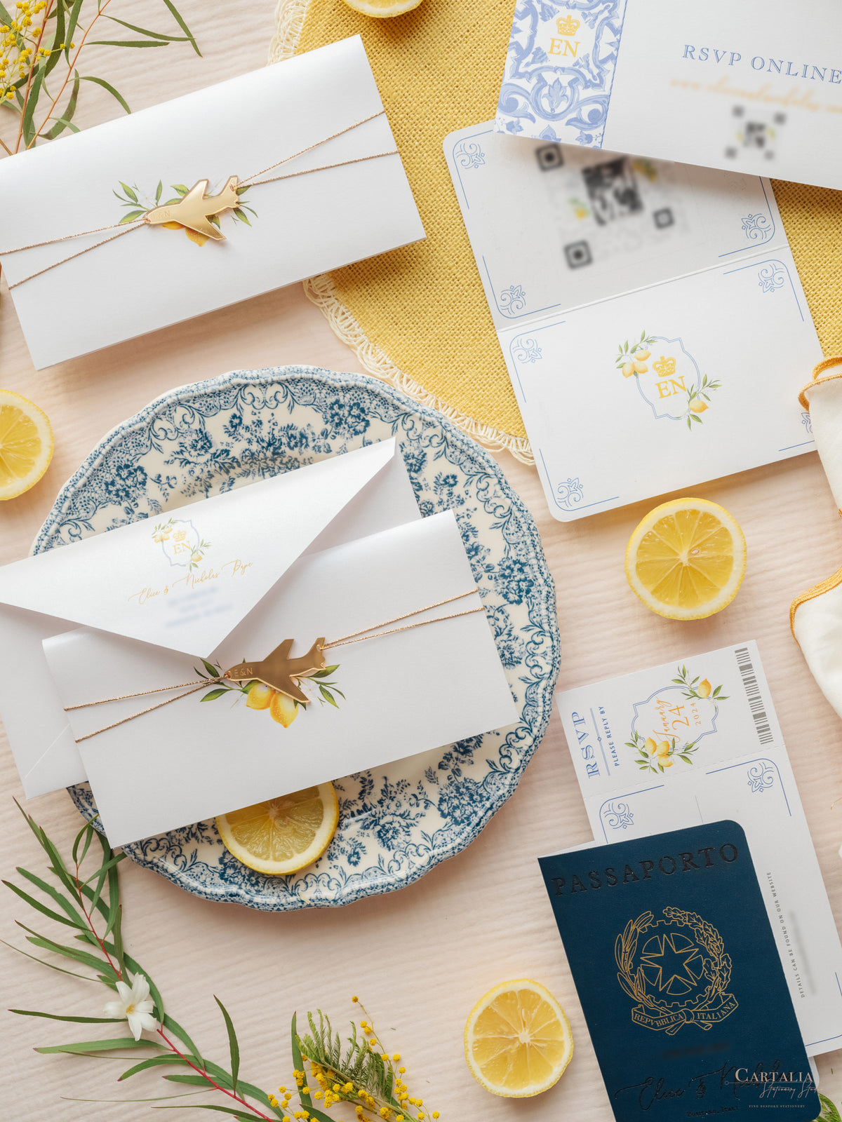 Italian Navy Leather Passport Invitation with Lemons | Amalfi Coast