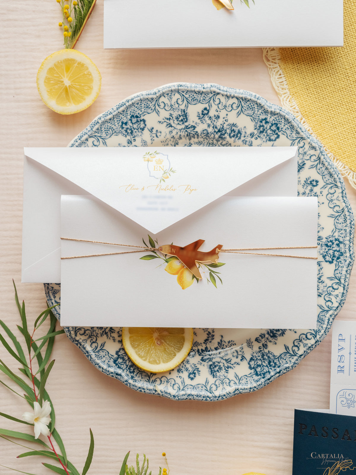 Italian Navy Leather Passport Invitation with Lemons | Amalfi Coast