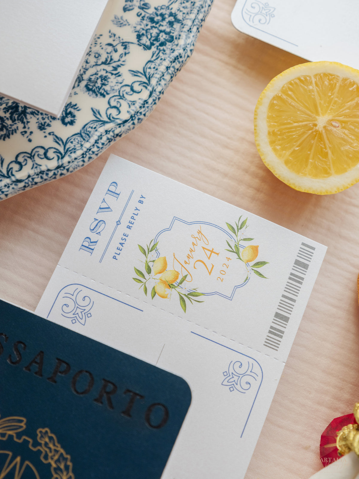 Italian Navy Leather Passport Invitation with Lemons | Amalfi Coast