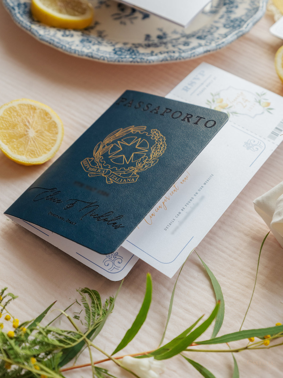 Italian Navy Leather Passport Invitation with Lemons | Amalfi Coast