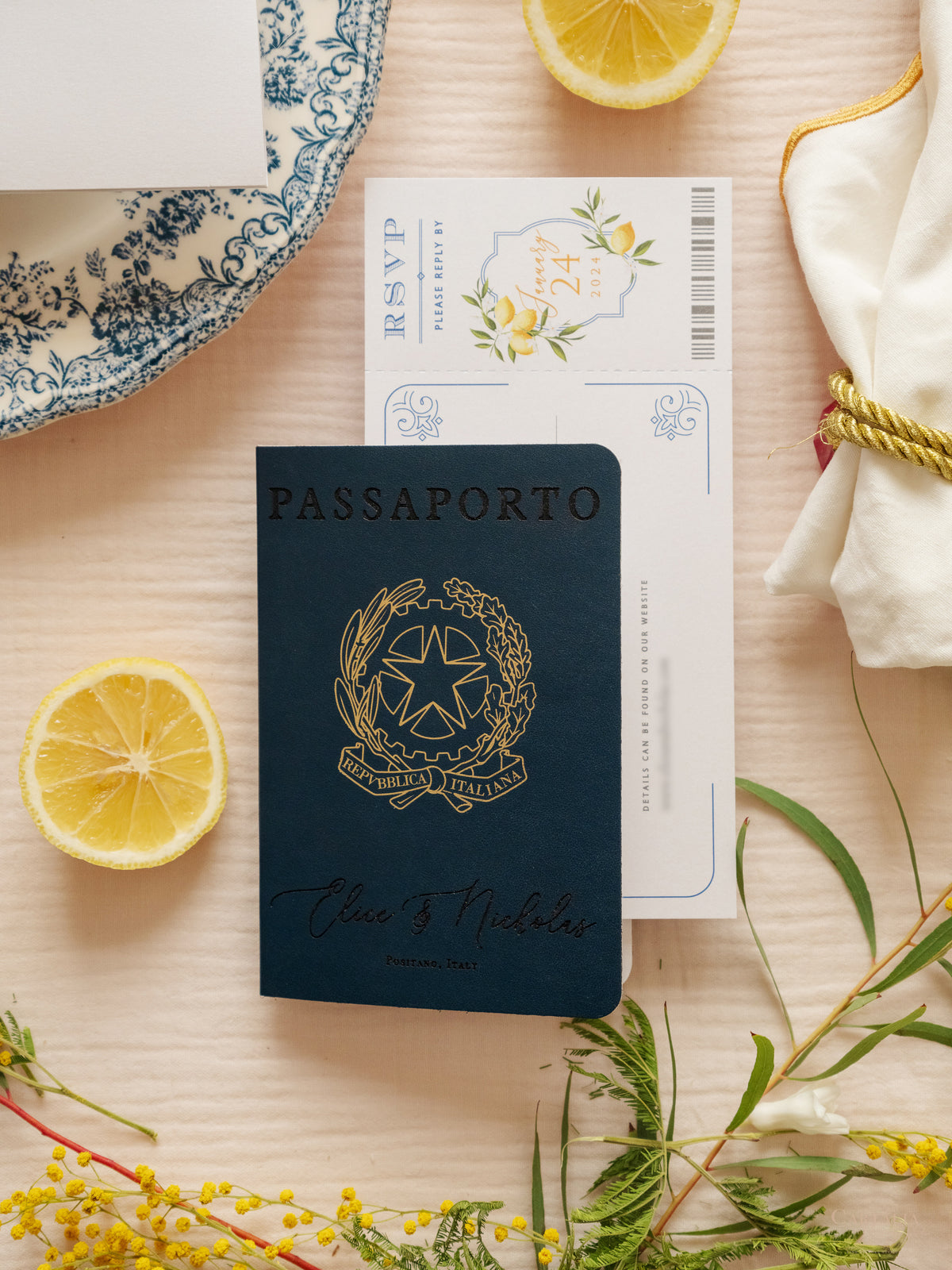 Italian Navy Leather Passport Invitation with Lemons | Amalfi Coast