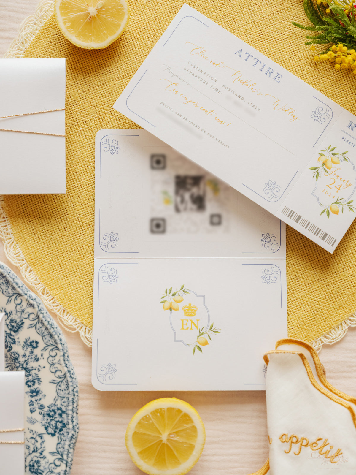 Italian Navy Leather Passport Invitation with Lemons | Amalfi Coast