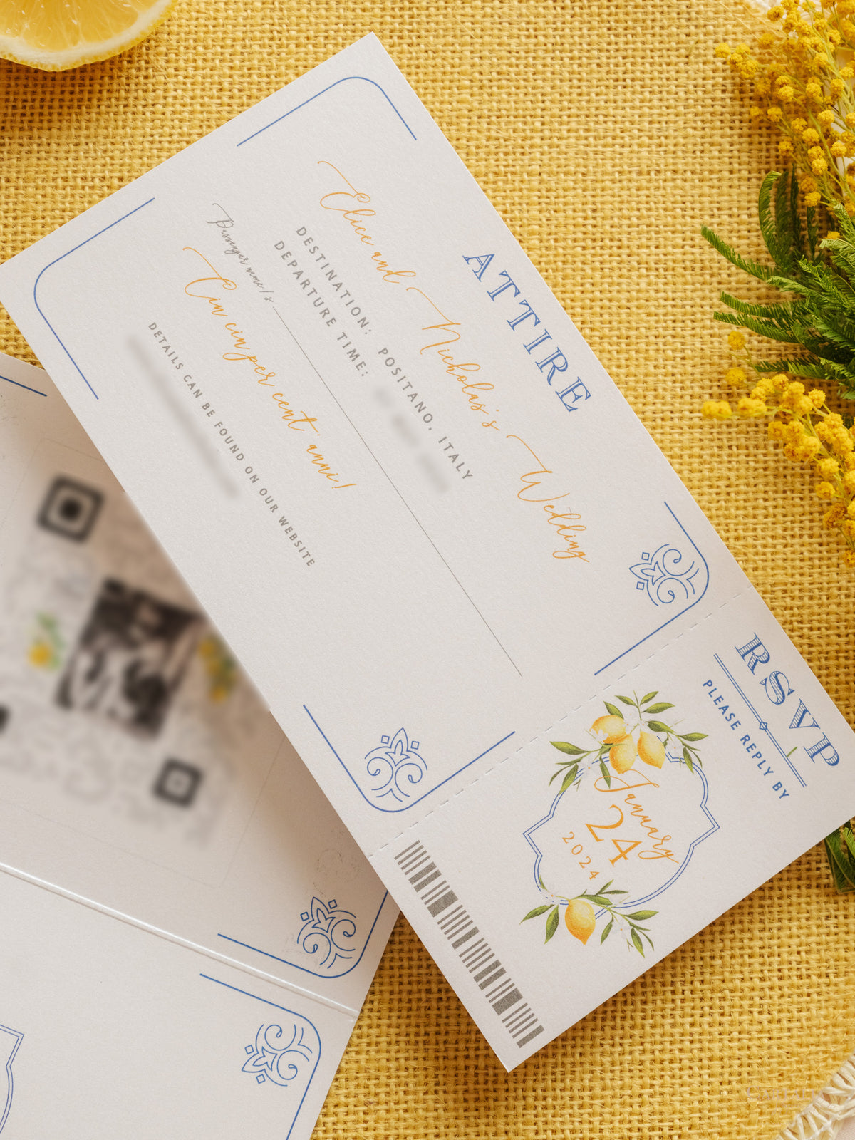 Italian Navy Leather Passport Invitation with Lemons | Amalfi Coast