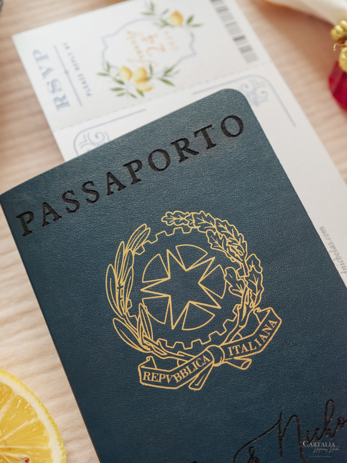 Italian Navy Leather Passport Invitation with Lemons | Amalfi Coast
