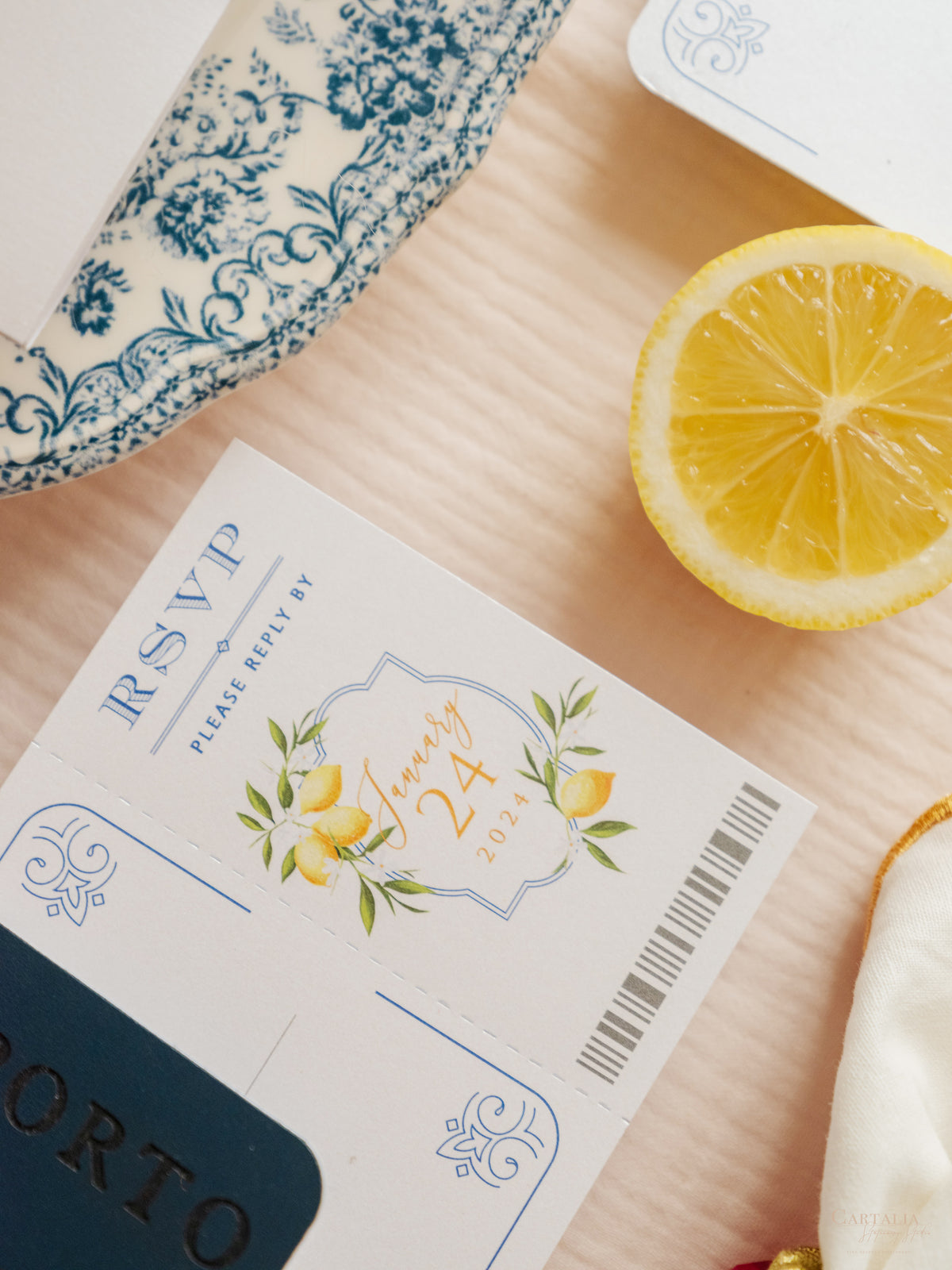 Italian Navy Leather Passport Invitation with Lemons | Amalfi Coast