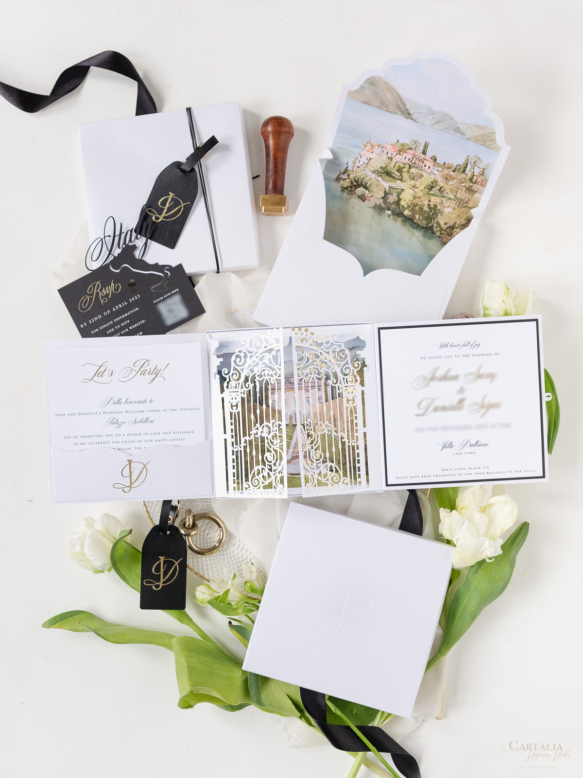 3D Boxed Venue Pocket Invitation with Laser Cut Gate & Vegan Leather Tag | Villa Balbiano, Lake Como | Bespoke