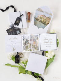 3D Boxed Venue Pocket Invitation with Laser Cut Gate & Vegan Leather Tag | Villa Balbiano, Lake Como | Bespoke