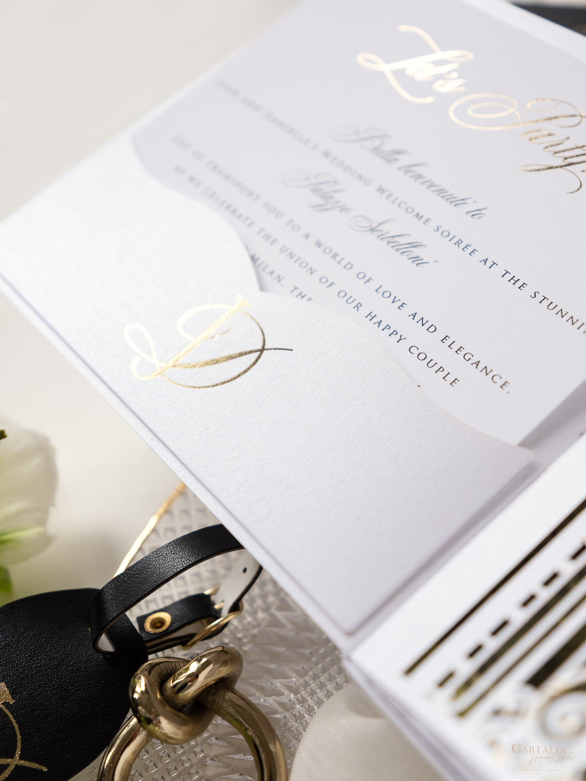 3D Boxed Venue Pocket Invitation with Laser Cut Gate & Vegan Leather Tag | Villa Balbiano, Lake Como | Bespoke