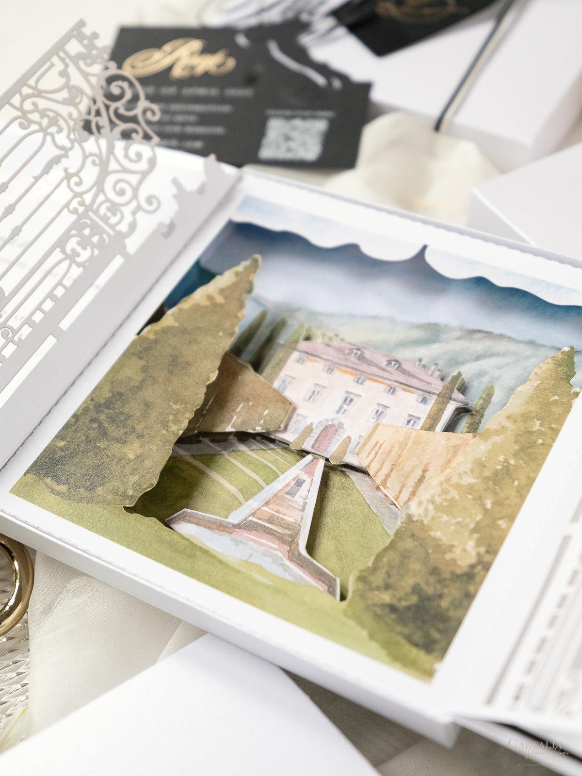 3D Boxed Venue Pocket Invitation with Laser Cut Gate & Vegan Leather Tag | Villa Balbiano, Lake Como | Bespoke