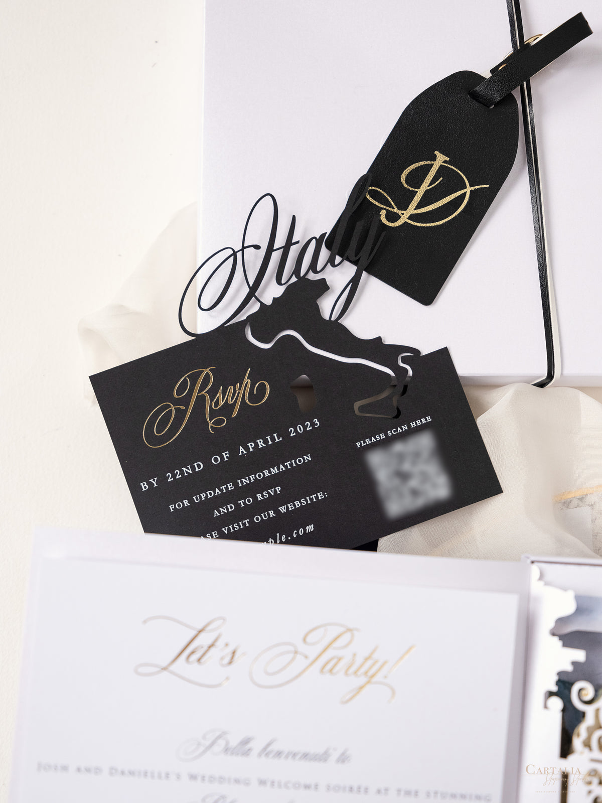 3D Boxed Venue Pocket Invitation with Laser Cut Gate & Vegan Leather Tag | Villa Balbiano, Lake Como | Bespoke