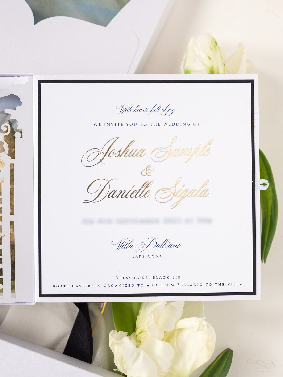3D Boxed Venue Pocket Invitation with Laser Cut Gate & Vegan Leather Tag | Villa Balbiano, Lake Como | Bespoke
