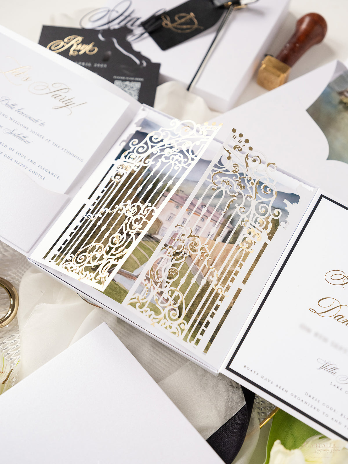 3D Boxed Venue Pocket Invitation with Laser Cut Gate & Vegan Leather Tag | Villa Balbiano, Lake Como | Bespoke