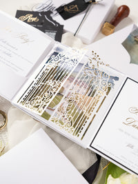 3D Boxed Venue Pocket Invitation with Laser Cut Gate & Vegan Leather Tag | Villa Balbiano, Lake Como | Bespoke