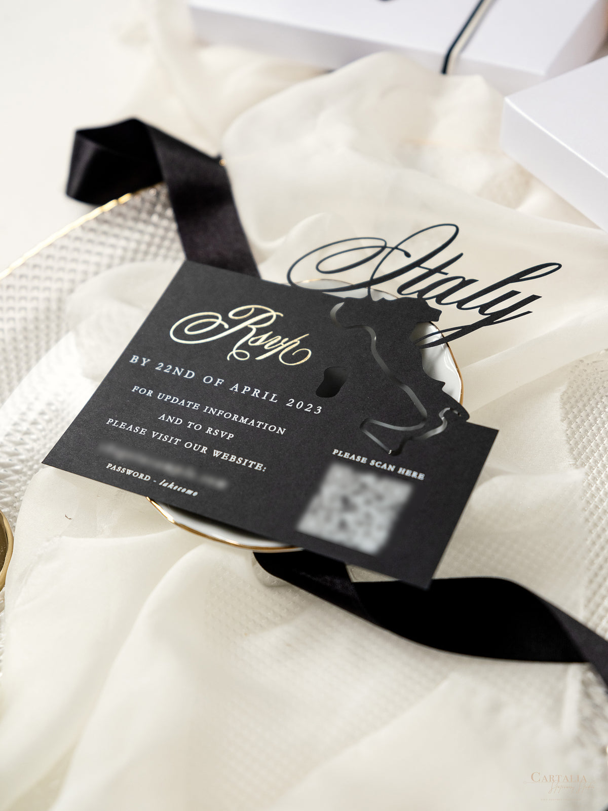 3D Boxed Venue Pocket Invitation with Laser Cut Gate & Vegan Leather Tag | Villa Balbiano, Lake Como | Bespoke