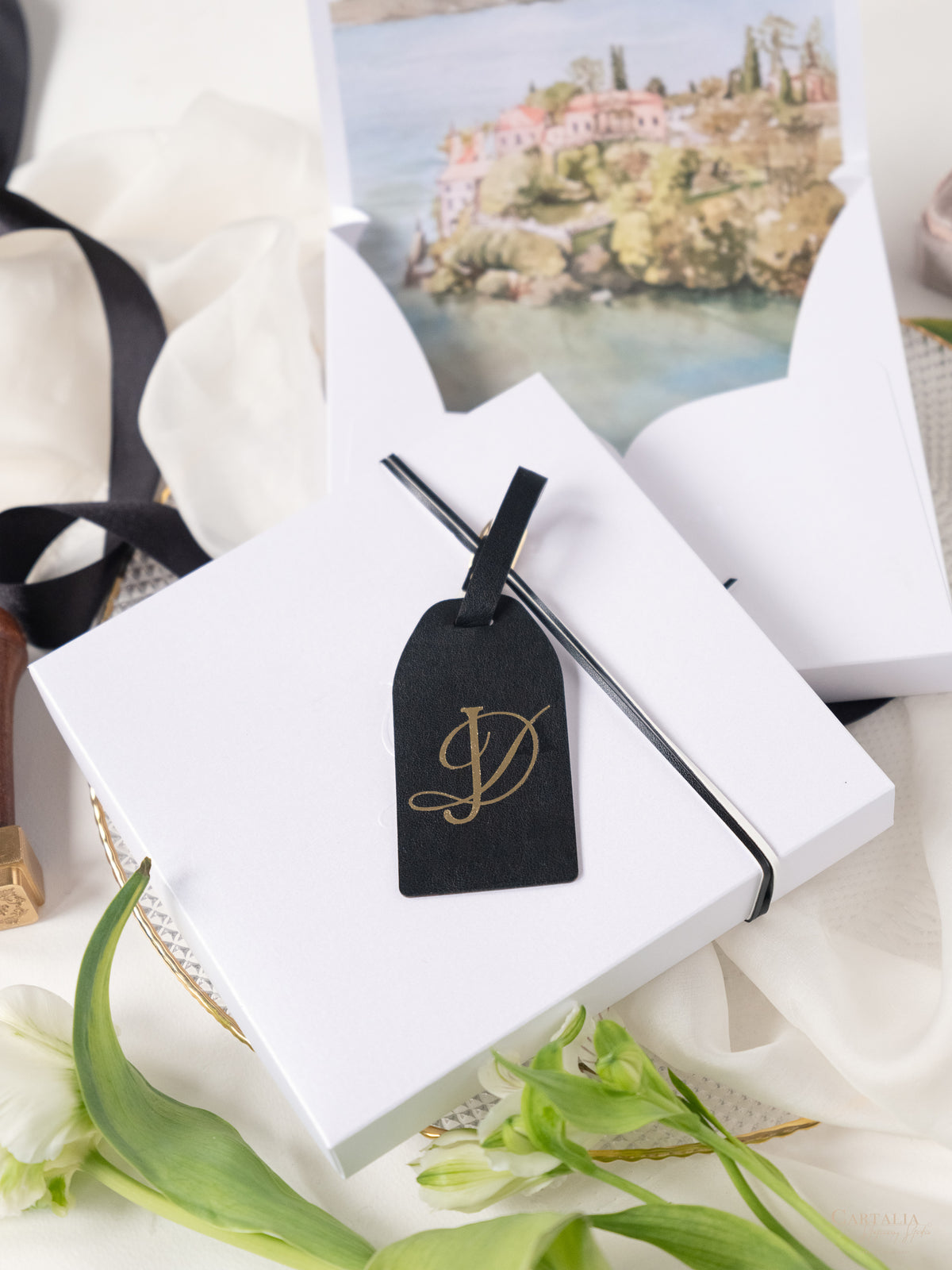 3D Boxed Venue Pocket Invitation with Laser Cut Gate & Vegan Leather Tag | Villa Balbiano, Lake Como | Bespoke