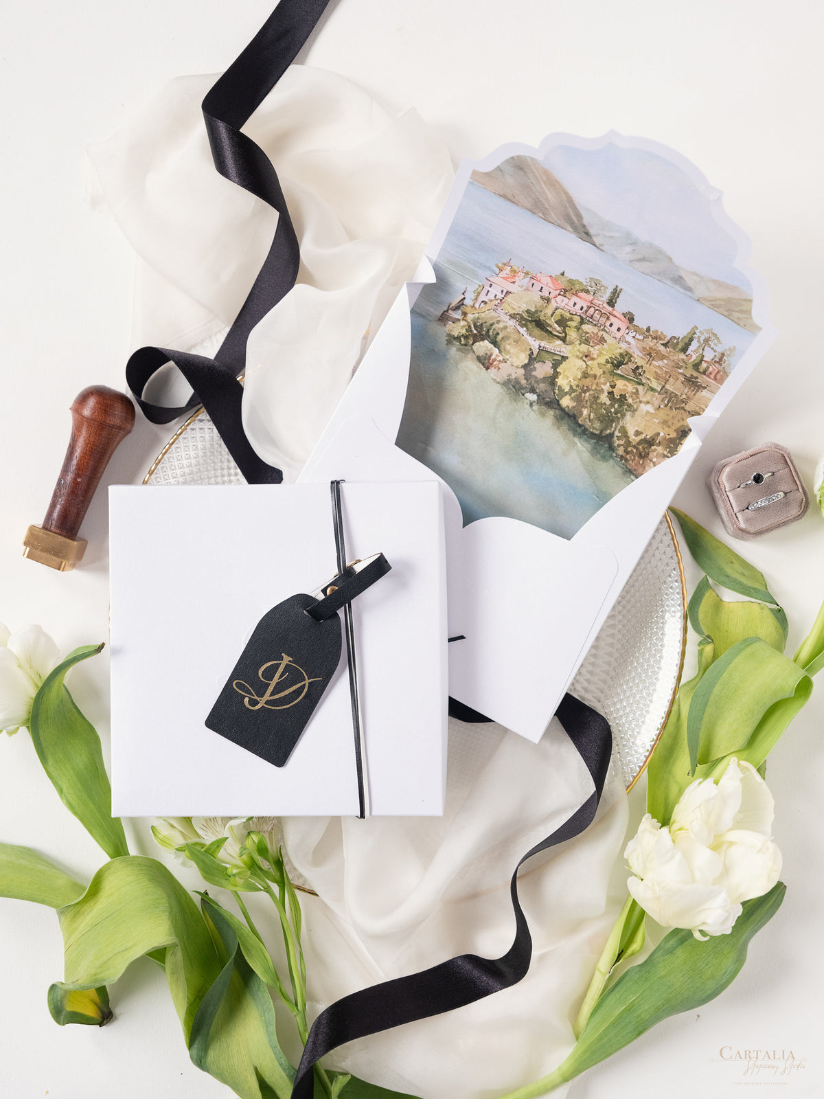 3D Boxed Venue Pocket Invitation with Laser Cut Gate & Vegan Leather Tag | Villa Balbiano, Lake Como | Bespoke