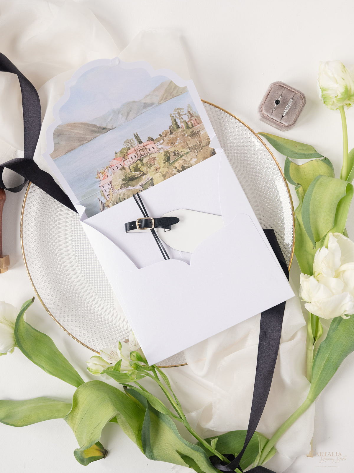 3D Boxed Venue Pocket Invitation with Laser Cut Gate & Vegan Leather Tag | Villa Balbiano, Lake Como | Bespoke