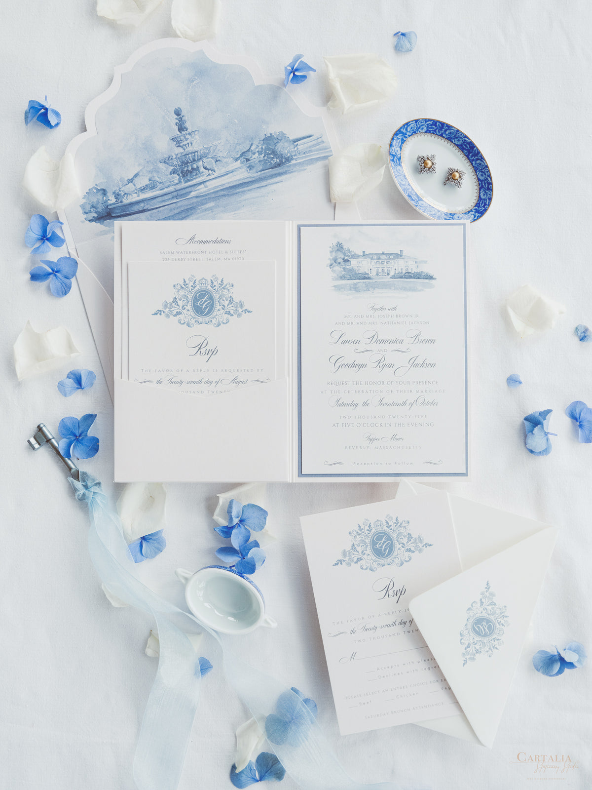 Invito a nozze in acquerello con la tua sede | Tasca di lusso con busta tipografica e bordo increspato