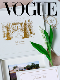 Invitation luxueuse en velours avec dos rigide et feuille d'or | Commande sur mesure Rebecca Bloom | Villa Balbiano, Lac de Côme